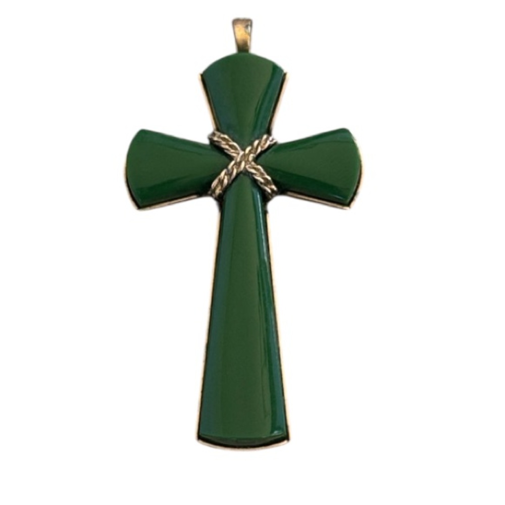 Vintage 1970’s Avon jade green gold trim 2.5” religious cross pendant